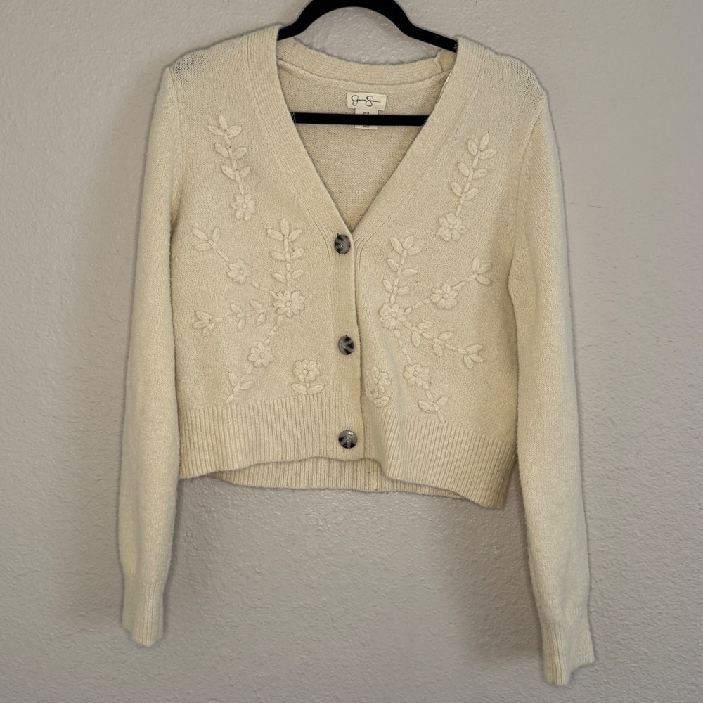 Cottage Dainty Feminine Cream Floral Embroidered Cropped Cardigan Womens Medium